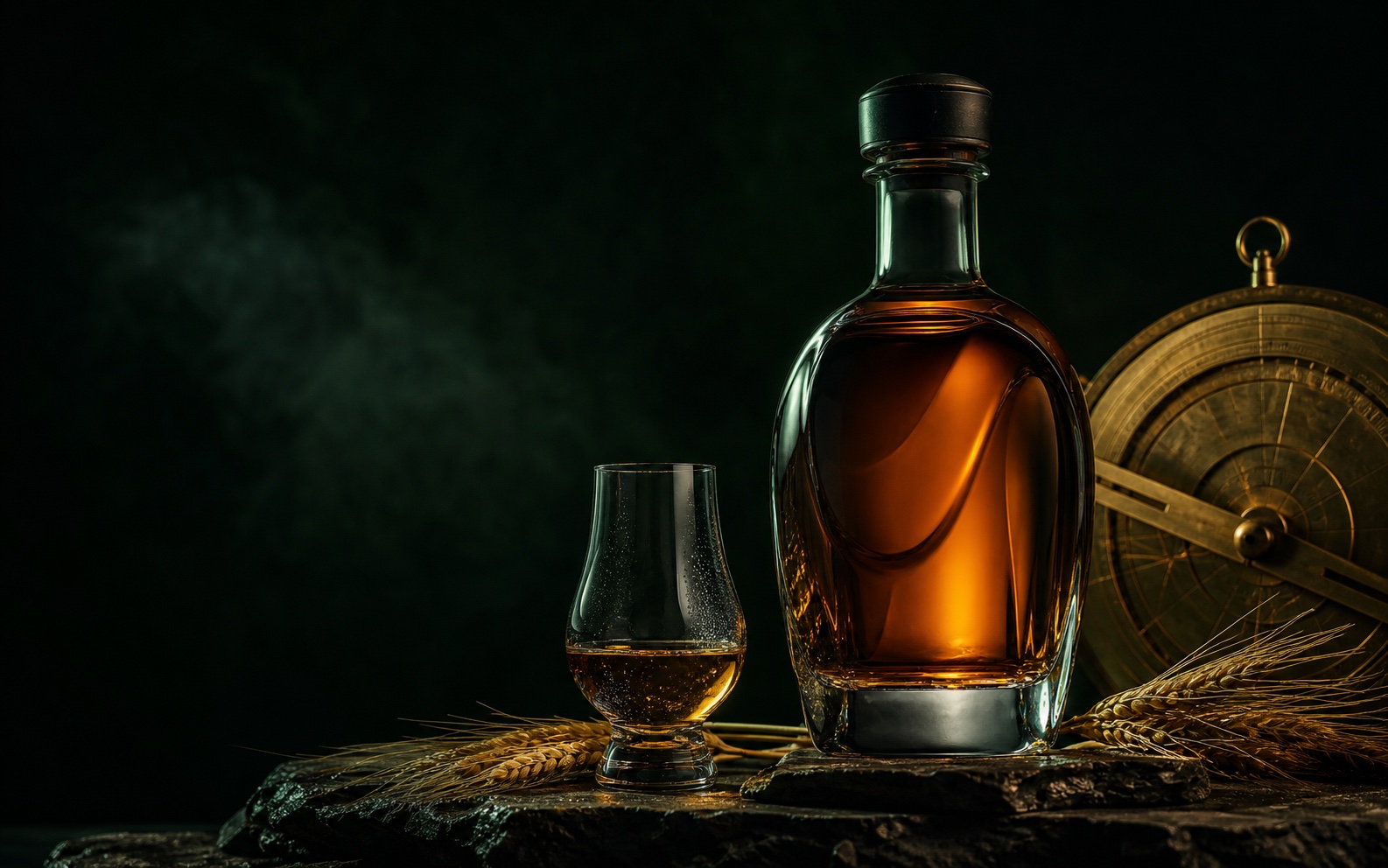 Amber spirit, grain, and an antique instrument in a dark studio